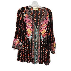 Savanna Jane Sophia Embroidered Tunic 3/4 Sleeve Black Womens Small
